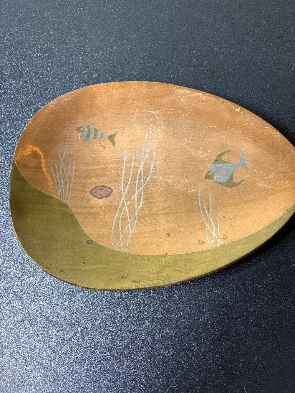 Mid Century Brass Oval 2 footed Tray w Fish Inlay Handwrought in Mexico